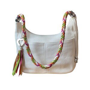 Brighton Barbados Zip Top Hobo Bag Multi Color Braided Strap Off White Leather